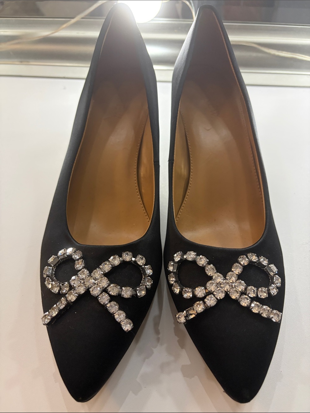 J. Crew Black Satin Pointed Toe Heels with Crystal Bow Sz 9